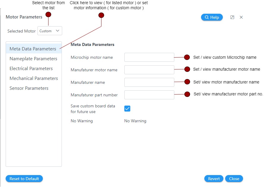 Motor meta-data parameters