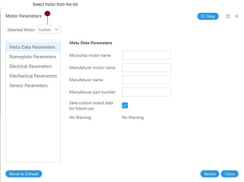 Motor selection drop-down menu