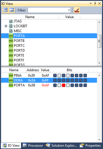 Layout of the I/O View, here debugging ATmega128 device.